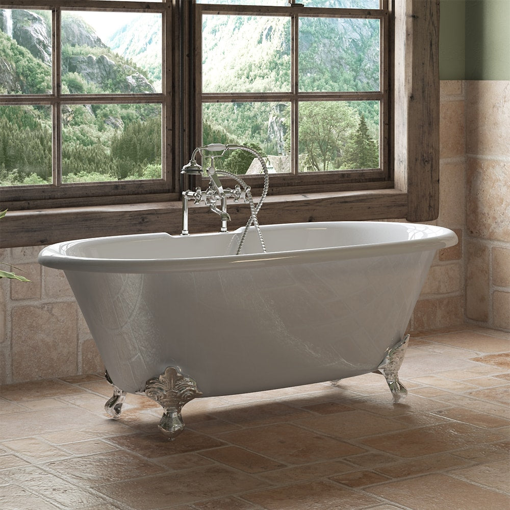 Cambridge Plumbing 60-Inch Double Ended Cast Iron Soaking Clawfoot Tub (Porcelain interior and white paint exterior) Brushed nickel ball and claw feet DE60-DH - Vital Hydrotherapy