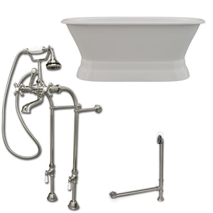 Cambridge Plumbing 60-Inch Double Ended Cast Iron Pedestal Soaking Tub (Porcelain enamel interior and white paint exterior)  and Complete Plumbing Package (Brushed nickel) DE60-PED-398463-PKG-NH - Vital Hydrotherapy