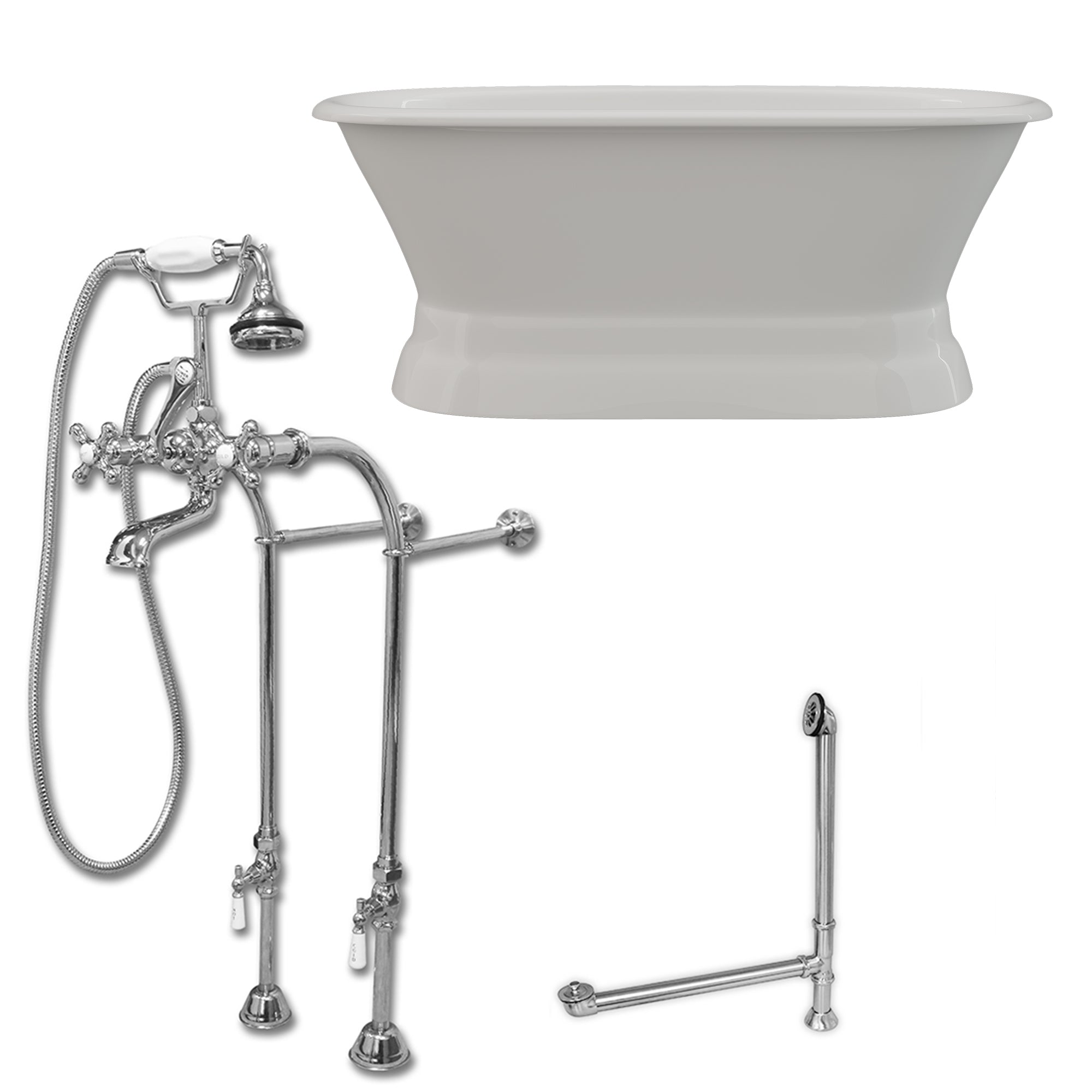Cambridge Plumbing 60-Inch Double Ended Cast Iron Pedestal Soaking Tub (Porcelain enamel interior and white paint exterior)  and Complete Plumbing Package (Brushed nickel) DE60-PED-398463-PKG-NH - Vital Hydrotherapy