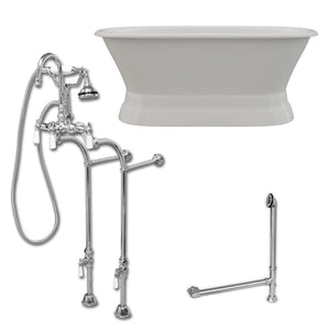Cambridge Plumbing 60-Inch Double Ended Cast Iron Pedestal Soaking Tub (Porcelain enamel interior and white paint exterior) and Complete Plumbing Package (Polished chrome) DE60-PED-398684-PKG-NH - Vital Hydrotherapy