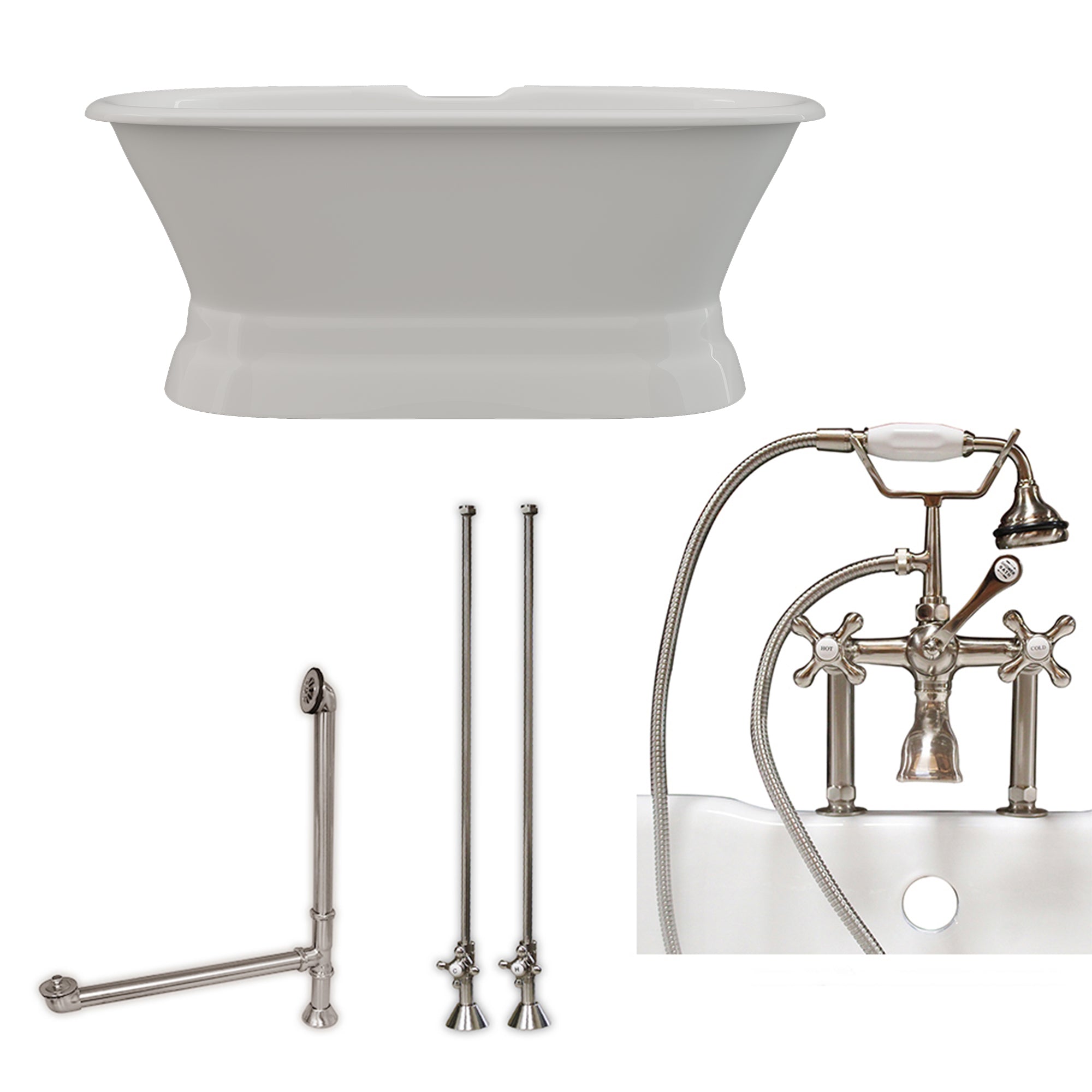 Cambridge Plumbing 60-Inch Double Ended Cast Iron Pedestal Soaking Tub (Porcelain interior and painted exterior) and Complete Plumbing Package (Brushed nickel) DE60-PED-463D-6-PKG - Vital Hydrotherapy