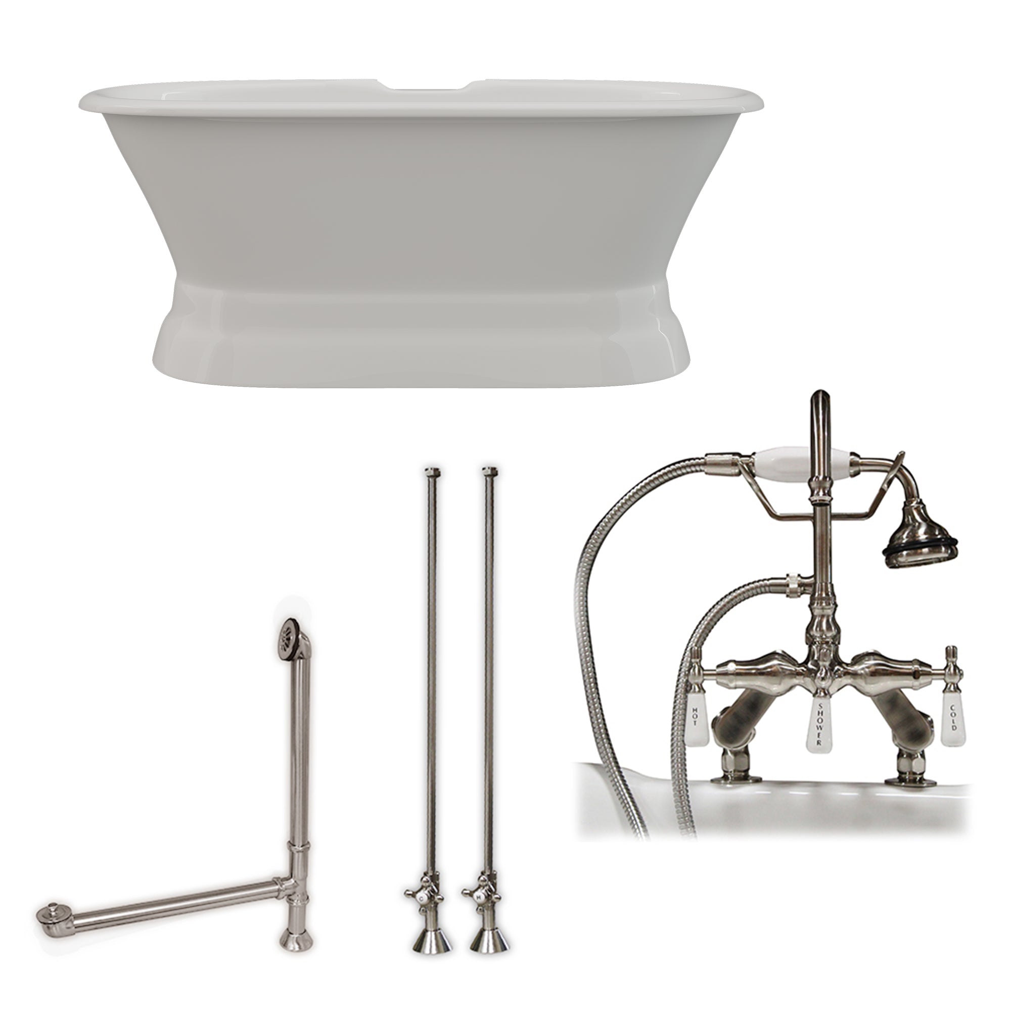 Cambridge Plumbing 60-Inch Double Ended Cast Iron Pedestal Soaking Tub (Porcelain interior and painted exterior) and Complete Plumbing Package (Brushed nickel) DE60-PED-684D-PKG - Vital Hydrotherapy