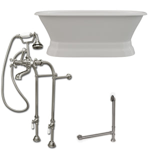 Cambridge Plumbing 66-Inch Double Ended Cast Iron Pedestal Soaking Tub (Porcelain interior and white paint exterior)  and Complete Freestanding Plumbing Package (Brushed nickel) DE66-PED-398463-PKG-NH - Vital Hydrotherapy