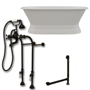 Cambridge Plumbing 66-Inch Double Ended Cast Iron Pedestal Soaking Tub (Porcelain interior and white paint exterior) and Complete Freestanding Plumbing Package (Oil rubbed bronze) DE66-PED-398463-PKG-NH - Vital Hydrotherapy