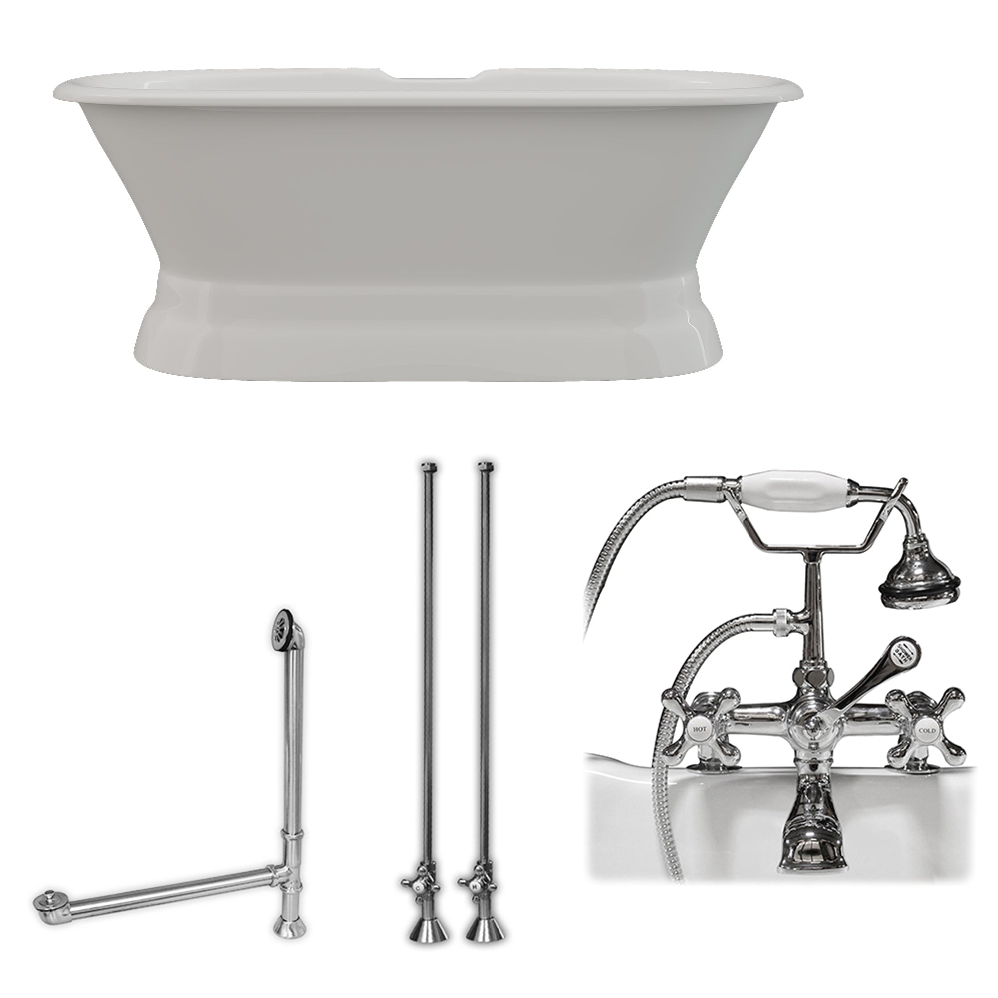 Cambridge Plumbing 66-Inch Double Ended Cast Iron Pedestal Soaking Tub (Porcelain interior and white paint exterior) and Complete Deck Mount Plumbing Package (Brushed nickel) DE66-PED-463D-2-PKG-DH - Vital Hydrotherapy