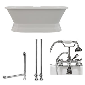 Cambridge Plumbing 66-Inch Double Ended Cast Iron Pedestal Soaking Tub (Porcelain interior and white paint exterior) and Complete Deck Mount Plumbing Package (Polished chrome) DE66-PED-463D-2-PKG-DH - Vital Hydrotherapy