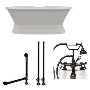 Cambridge Plumbing 66-Inch Double Ended Cast Iron Pedestal Soaking Tub (Porcelain interior and white paint exterior) and Complete Deck Mount Plumbing Package (Oil rubbed bronze) DE66-PED-463D-2-PKG-DH - Vital Hydrotherapy