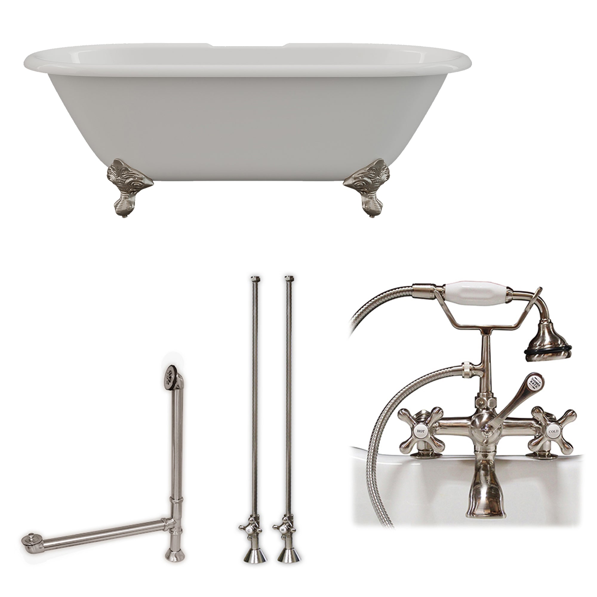Cambridge Plumbing 66-Inch Double Ended Cast Iron Soaking Clawfoot Tub and Complete Deck Mount Plumbing Package DE67-463D-2-PKG-7DH - Vital Hydrotherapy