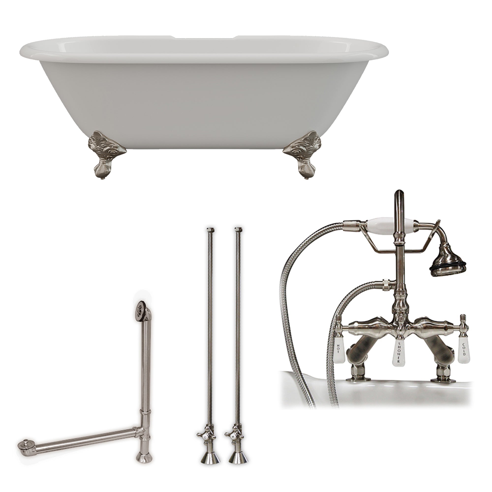 Cambridge Plumbing 66-Inch Double Ended Cast Iron Soaking Clawfoot Tub (Porcelain interior and white paint exterior)  and Complete Deck Mount Plumbing Package (Brushed nickel) DE67-684D-PKG-7DH - Vital Hydrotherapy