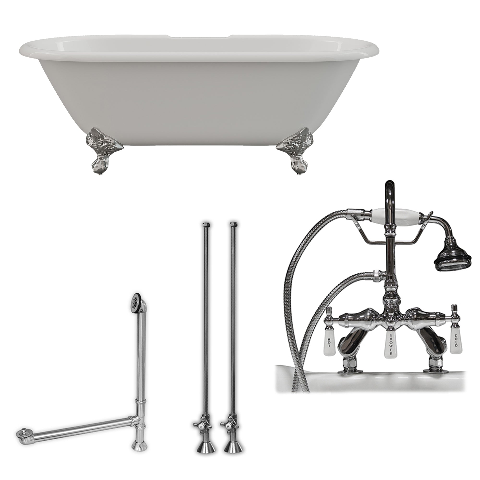 Cambridge Plumbing 66-Inch Double Ended Cast Iron Soaking Clawfoot Tub (Porcelain interior and white paint exterior)  and Complete Deck Mount Plumbing Package (Brushed nickel) DE67-684D-PKG-7DH - Vital Hydrotherapy