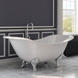 Cambridge Plumbing Double Slipper Cast Iron Soaking Tub (Porcelain interior and white paint exterior) with Lion’s Paw Feet and Free-standing Plumbing Package (Polished chrome) DES-150-PKG-NH - Vital Hydrotherapy