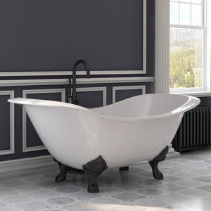 Cambridge Plumbing Double Slipper Cast Iron Soaking Tub (Porcelain interior and white paint exterior) with Lion’s Paw Feet and Free-standing Plumbing Package (Oil rubbed bronze) DES-150-PKG-NH - Vital Hydrotherapy