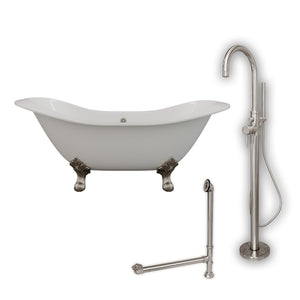Cambridge Plumbing Double Slipper Cast Iron Soaking Tub (Porcelain interior and white paint exterior) with Lion’s Paw Feet and Free-standing Plumbing Package (Brushed nickel) DES-150-PKG-NH - Vital Hydrotherapy
