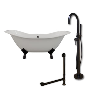 Cambridge Plumbing Double Slipper Cast Iron Soaking Tub (Porcelain interior and white paint exterior) with Lion’s Paw Feet and Free-standing Plumbing Package (Oil rubbed bronze) DES-150-PKG-NH - Vital Hydrotherapy