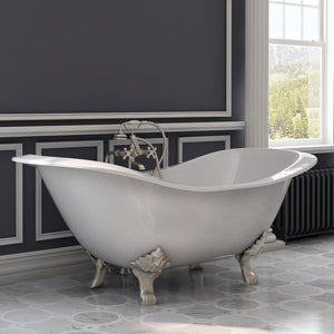 Cambridge Plumbing Double Slipper Cast Iron Soaking Tub (Porcelain interior and white paint exterior) with Lion’s Paw feet and Free-standing Plumbing Package (Brushed nickel) -Lifestyle - DES-398463-PKG-NH - Vital Hydrotherapy