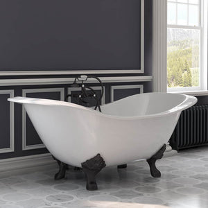 Cambridge Plumbing Double Slipper Cast Iron Soaking Tub (Porcelain interior and white paint exterior) with Lion’s Paw feet and Free-standing Plumbing Package (Oil rubbed bronze) -Lifestyle - DES-398463-PKG-NH - Vital Hydrotherapy