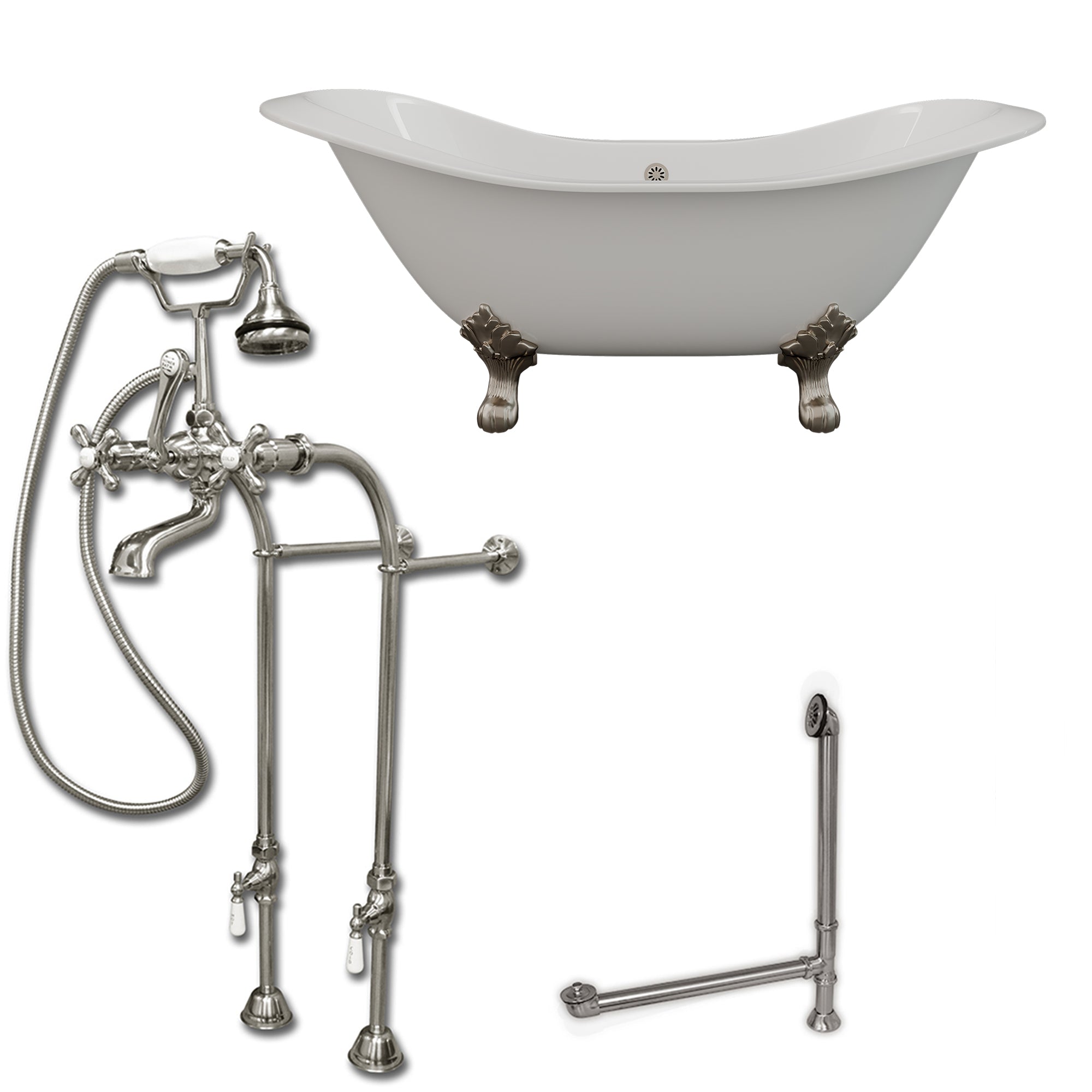 Cambridge Plumbing Double Slipper Cast Iron Soaking Tub (Porcelain interior and white paint exterior) with Lion’s Paw feet and Free-standing Plumbing Package (Brushed nickel) DES-398463-PKG-NH - Vital Hydrotherapy