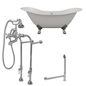 Cambridge Plumbing Double Slipper Cast Iron Soaking Tub (Porcelain interior and white paint exterior) with Lion’s Paw feet and Free-standing Plumbing Package (Polished chrome) DES-398463-PKG-NH - Vital Hydrotherapy