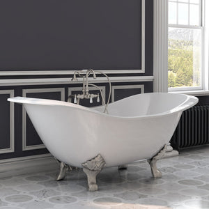 Cambridge Plumbing Double Slipper Cast Iron Soaking Tub (Porcelain interior and white paint exterior) with Lion’s Paw Feet and Free-standing Plumbing Package (Brushed nickel) Lifestyle - DES-398684-PKG-NH - Vital Hydrotherapy