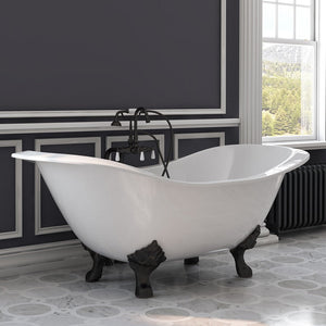 Cambridge Plumbing Double Slipper Cast Iron Soaking Tub (Porcelain interior and white paint exterior) with Lion’s Paw Feet and Free-standing Plumbing Package (Oil rubbed bronze) Lifestyle - DES-398684-PKG-NH - Vital Hydrotherapy