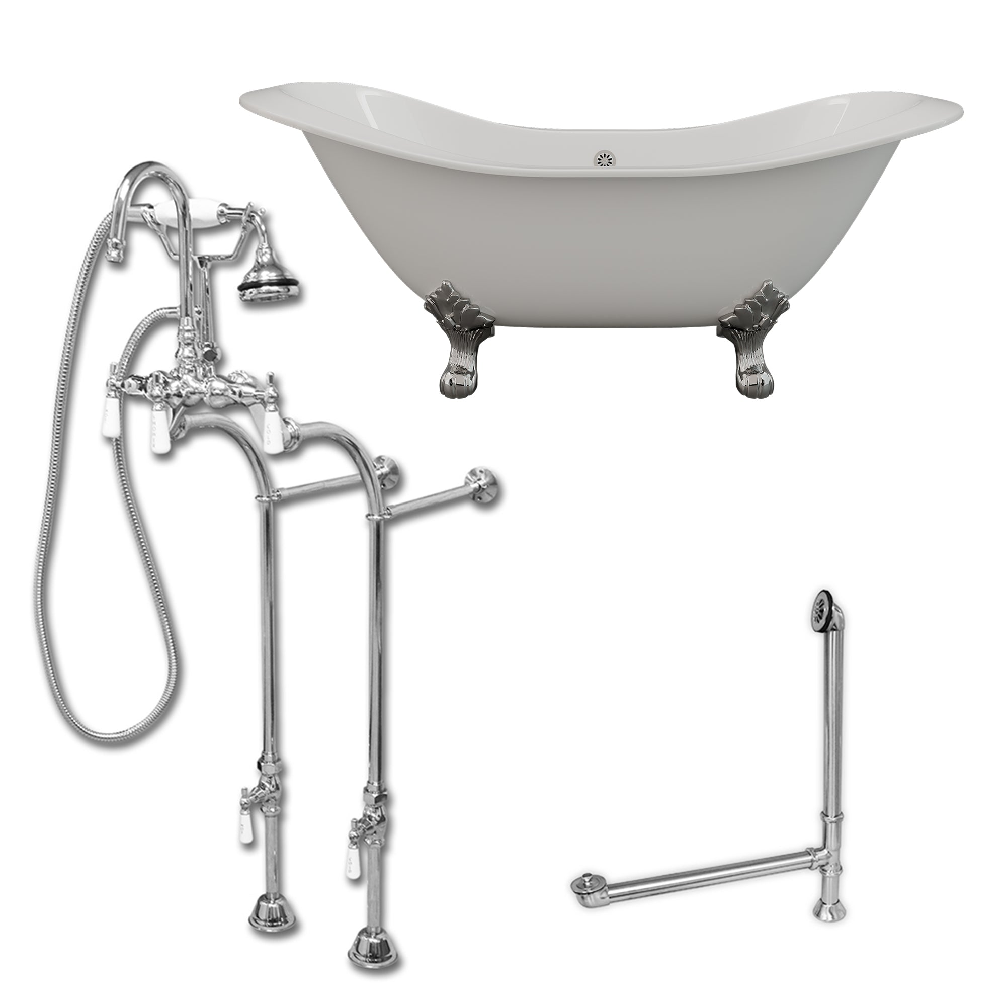 Cambridge Plumbing Double Slipper Cast Iron Soaking Tub (Porcelain interior and white paint exterior) with Lion’s Paw Feet and Free-standing Plumbing Package (Brushed nickel) DES-398684-PKG-NH - Vital Hydrotherapy