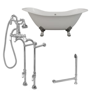 Cambridge Plumbing Double Slipper Cast Iron Soaking Tub (Porcelain interior and white paint exterior) with Lion’s Paw Feet and Free-standing Plumbing Package (Polished chrome) DES-398684-PKG-NH - Vital Hydrotherapy