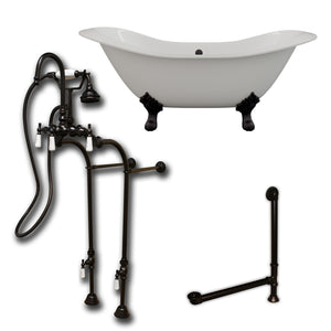 Cambridge Plumbing Double Slipper Cast Iron Soaking Tub (Porcelain interior and white paint exterior) with Lion’s Paw Feet and Free-standing Plumbing Package (Oil rubbed bronze) DES-398684-PKG-NH - Vital Hydrotherapy