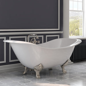 Cambridge Plumbing Double Slipper Cast Iron Soaking Tub (Porcelain interior and white paint exterior) with Lion’s Paw Feet and Deck Mount Plumbing Package (Brushed nickel) Lifestyle - DES-463D-2-PKG-7DH - Vital Hydrotherapy