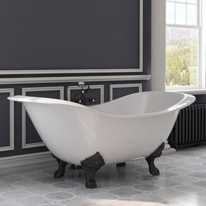 Cambridge Plumbing Double Slipper Cast Iron Soaking Tub (Porcelain interior and white paint exterior) with Lion’s Paw Feet and Deck Mount Plumbing Package (Oil rubbed bronze) Lifestyle - DES-463D-2-PKG-7DH - Vital Hydrotherapy