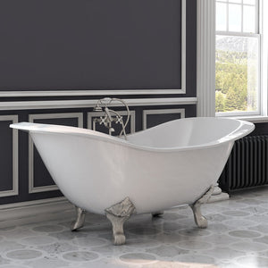 Cambridge Plumbing Double Slipper Cast Iron Soaking Tub (Porcelain interior and white paint exterior) with Lion’s Paw Feet and Deck Mount Plumbing Package (Brushed nickel) - Lifestyle - DES-463D-6-PKG-7DH - Vital Hydrotherapy
