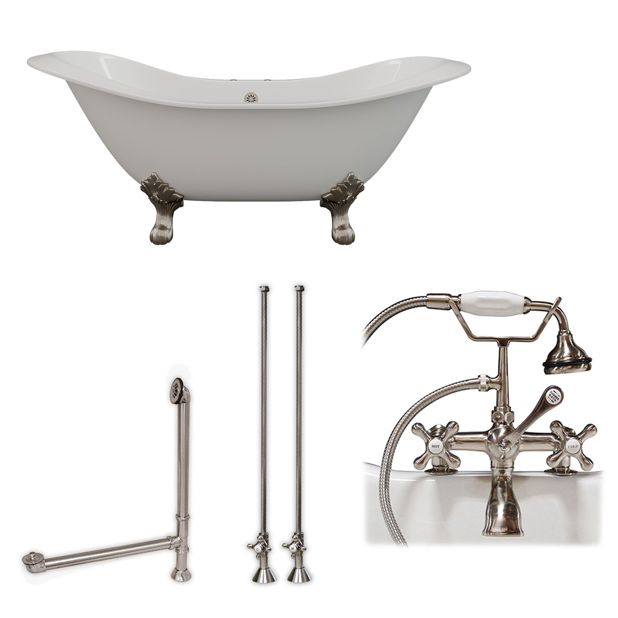 Cambridge Plumbing Double Slipper Cast Iron Soaking Tub (Porcelain interior and white paint exterior) with Lion’s Paw Feet and Deck Mount Plumbing Package (Brushed nickel) DES-463D-2-PKG-7DH - Vital Hydrotherapy