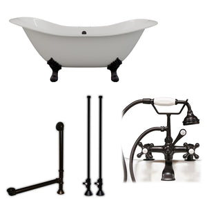 Cambridge Plumbing Double Slipper Cast Iron Soaking Tub (Porcelain interior and white paint exterior) with Lion’s Paw Feet and Deck Mount Plumbing Package (Oil rubbed bronze) DES-463D-2-PKG-7DH - Vital Hydrotherapy