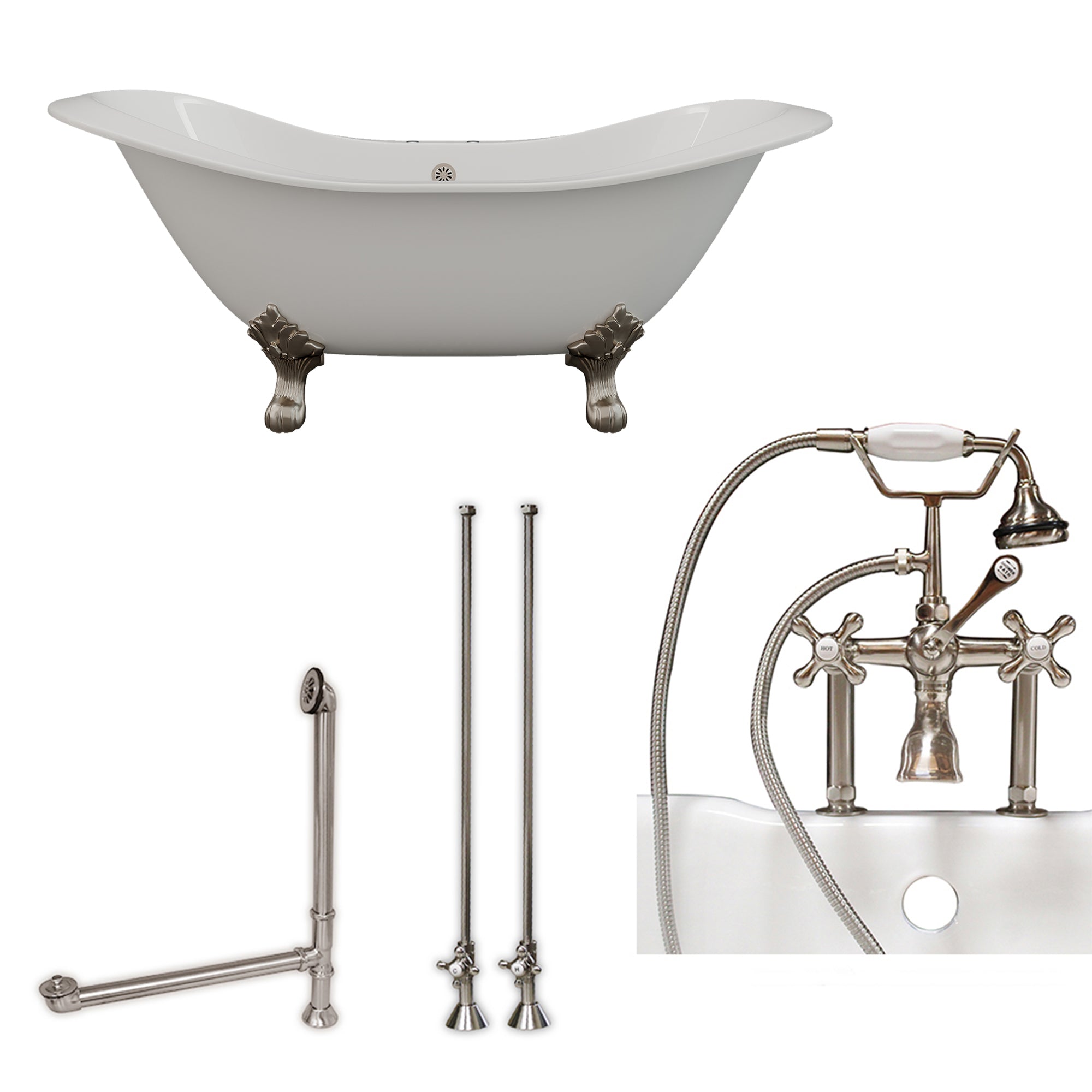 Cambridge Plumbing Double Slipper Cast Iron Soaking Tub (Porcelain interior and white paint exterior) with Lion’s Paw Feet and Deck Mount Plumbing Package (Brushed nickel) DES-463D-6-PKG-7DH - Vital Hydrotherapy