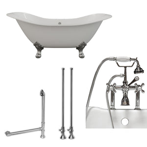 Cambridge Plumbing Double Slipper Cast Iron Soaking Tub (Porcelain interior and white paint exterior) with Lion’s Paw Feet and Deck Mount Plumbing Package (Polished chrome) DES-463D-6-PKG-7DH - Vital Hydrotherapy