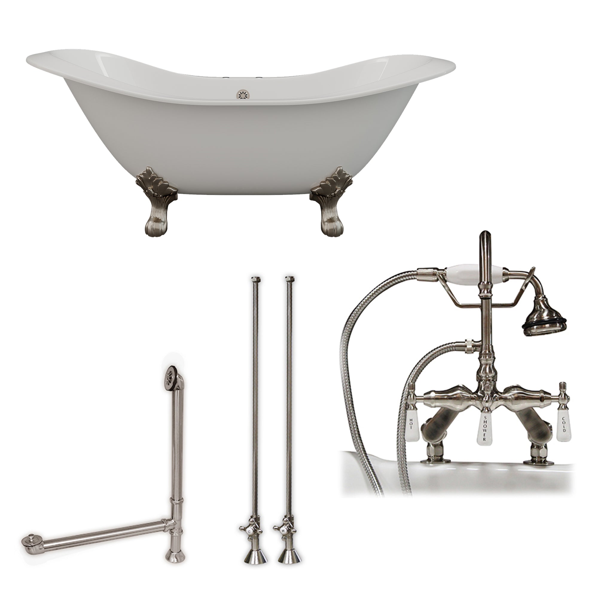 Cambridge Plumbing Double Slipper Cast Iron Soaking Tub (Porcelain interior and white paint exterior) with Lion’s Paw Feet and Deck Mount Plumbing Package (Brushed nickel) DES-684D-PKG-7DH - Vital Hydrotherapy