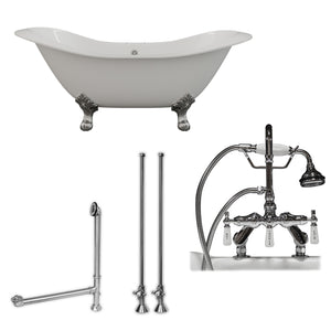Cambridge Plumbing Double Slipper Cast Iron Soaking Tub (Porcelain interior and white paint exterior) with Lion’s Paw Feet and Deck Mount Plumbing Package (Polished chrome) DES-684D-PKG-7DH - Vital Hydrotherapy