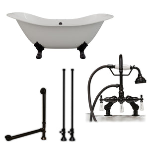Cambridge Plumbing Double Slipper Cast Iron Soaking Tub (Porcelain interior and white paint exterior) with Lion’s Paw Feet and Deck Mount Plumbing Package (Oil rubbed bronze) DES-684D-PKG-7DH - Vital Hydrotherapy