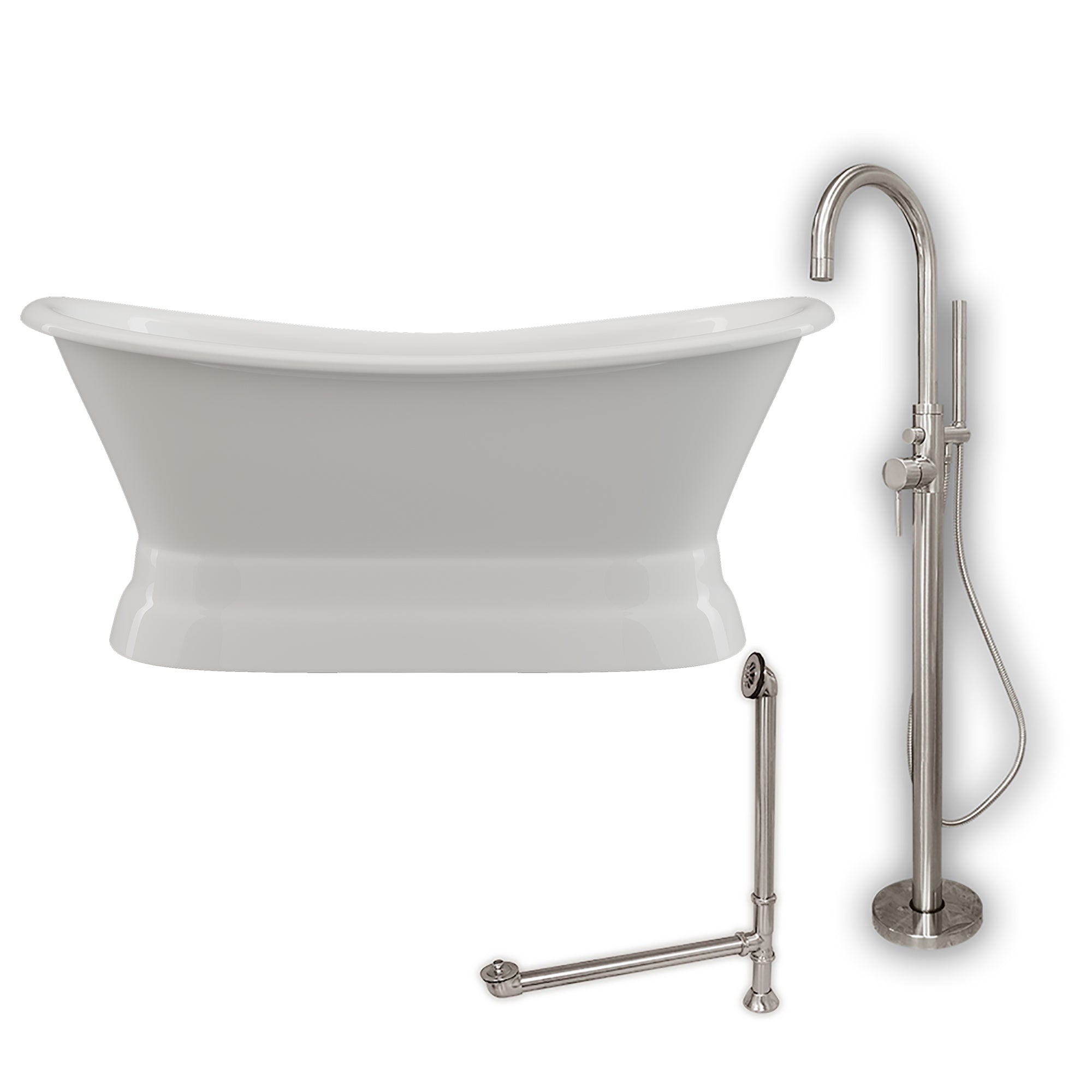 Cambridge Plumbing Double Slipper Cast Iron Pedestal Soaking Tub (Porcelain interior and white paint exterior) and Free-standing Plumbing Package (Brushed nickel) DES-PED-150-PKG-NH - Vital Hydrotherapy