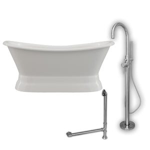 Cambridge Plumbing Double Slipper Cast Iron Pedestal Soaking Tub (Porcelain interior and white paint exterior) and Free-standing Plumbing Package (Polished chrome) DES-PED-150-PKG-NH - Vital Hydrotherapy