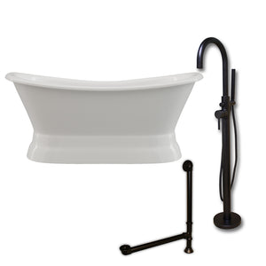 Cambridge Plumbing Double Slipper Cast Iron Pedestal Soaking Tub (Porcelain interior and white paint exterior) and Free-standing Plumbing Package (Oil rubbed bronze) DES-PED-150-PKG-NH - Vital Hydrotherapy