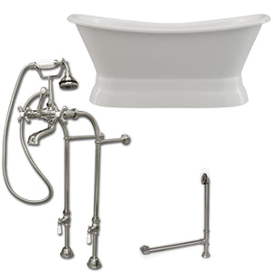 Cambridge Plumbing Double Slipper Cast Iron Pedestal Soaking Tub (Porcelain interior and white paint exterior) and Free-Standing Plumbing Package (Brushed nickel) DES-PED-398463-PKG-NH - Vital Hydrotherapy