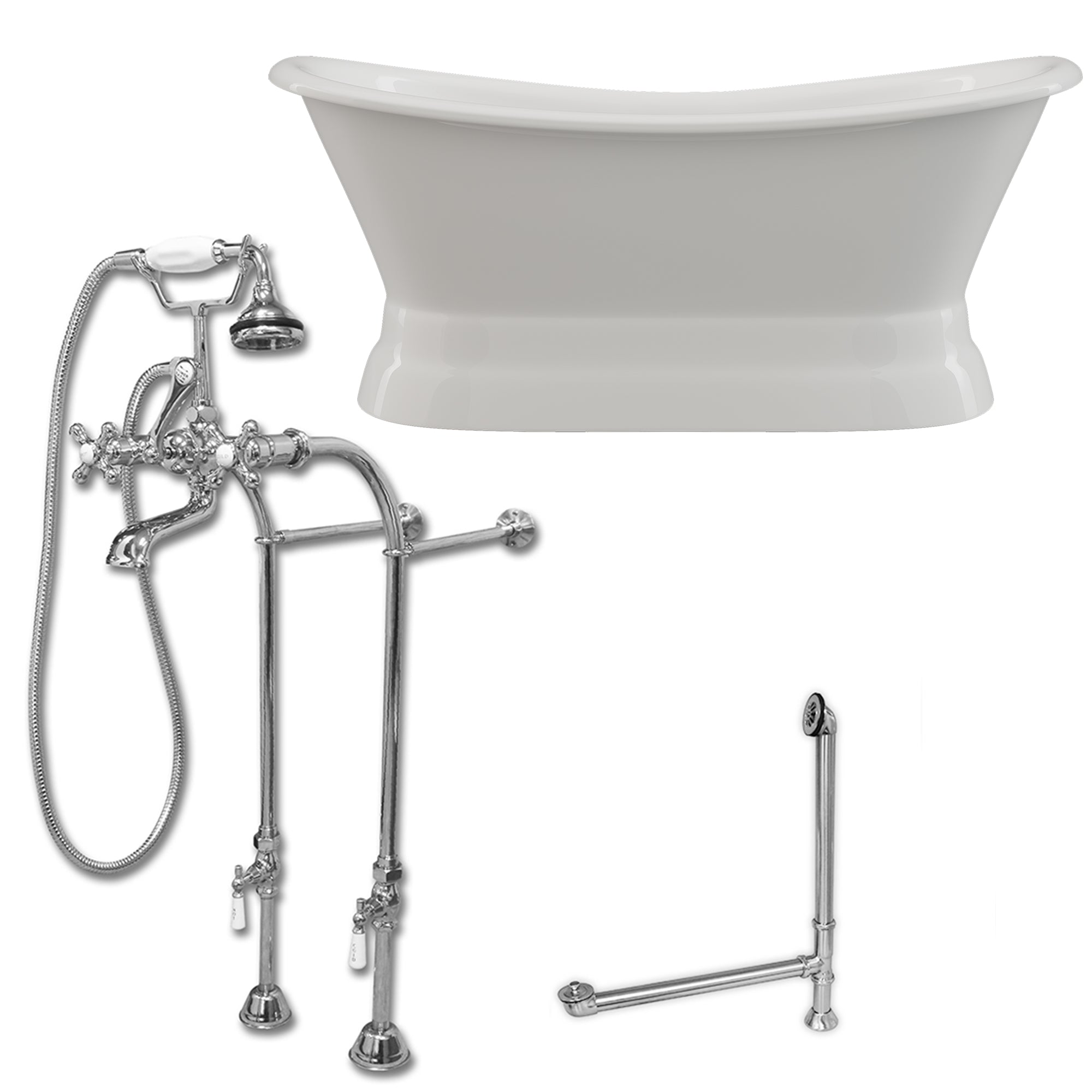 Cambridge Plumbing Double Slipper Cast Iron Pedestal Soaking Tub (Porcelain interior and white paint exterior) and Free-Standing Plumbing Package (Brushed nickel) DES-PED-398463-PKG-NH - Vital Hydrotherapy