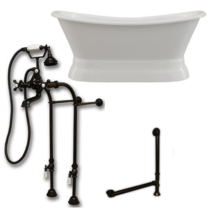 Cambridge Plumbing Double Slipper Cast Iron Pedestal Soaking Tub (Porcelain interior and white paint exterior) and Free-Standing Plumbing Package (Oil rubbed bronze) DES-PED-398463-PKG-NH - Vital Hydrotherapy