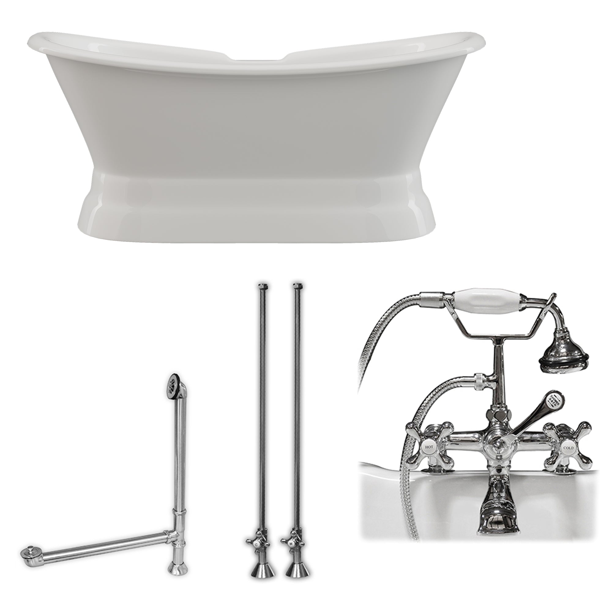 Cambridge Plumbing Double Slipper Cast Iron Soaking Pedestal Tub (Porcelain interior and white paint exterior) and Deck Mount Plumbing Package (Brushed nickel) DES-PED-463D-2-PKG-7DH - Vital Hydrotherapy