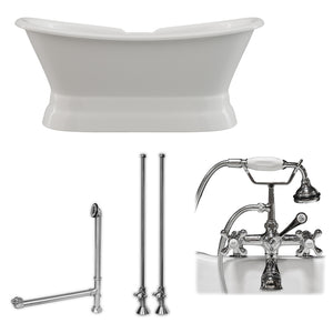 Cambridge Plumbing Double Slipper Cast Iron Soaking Pedestal Tub (Porcelain interior and white paint exterior) and Deck Mount Plumbing Package (Polished chrome) DES-PED-463D-2-PKG-7DH - Vital Hydrotherapy