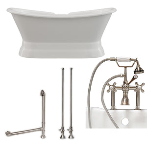 Cambridge Plumbing Double Slipper Cast Iron Pedestal Soaking Tub (Porcelain interior and white paint exterior) and Deck Mount Plumbing Package (Brushed nickel) DES-PED-463D-6-PKG-7DH - Vital Hydrotherapy