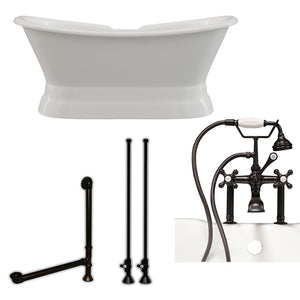 Cambridge Plumbing Double Slipper Cast Iron Pedestal Soaking Tub (Porcelain interior and white paint exterior) and Deck Mount Plumbing Package (Oil rubbed bronze) DES-PED-463D-6-PKG-7DH - Vital Hydrotherapy