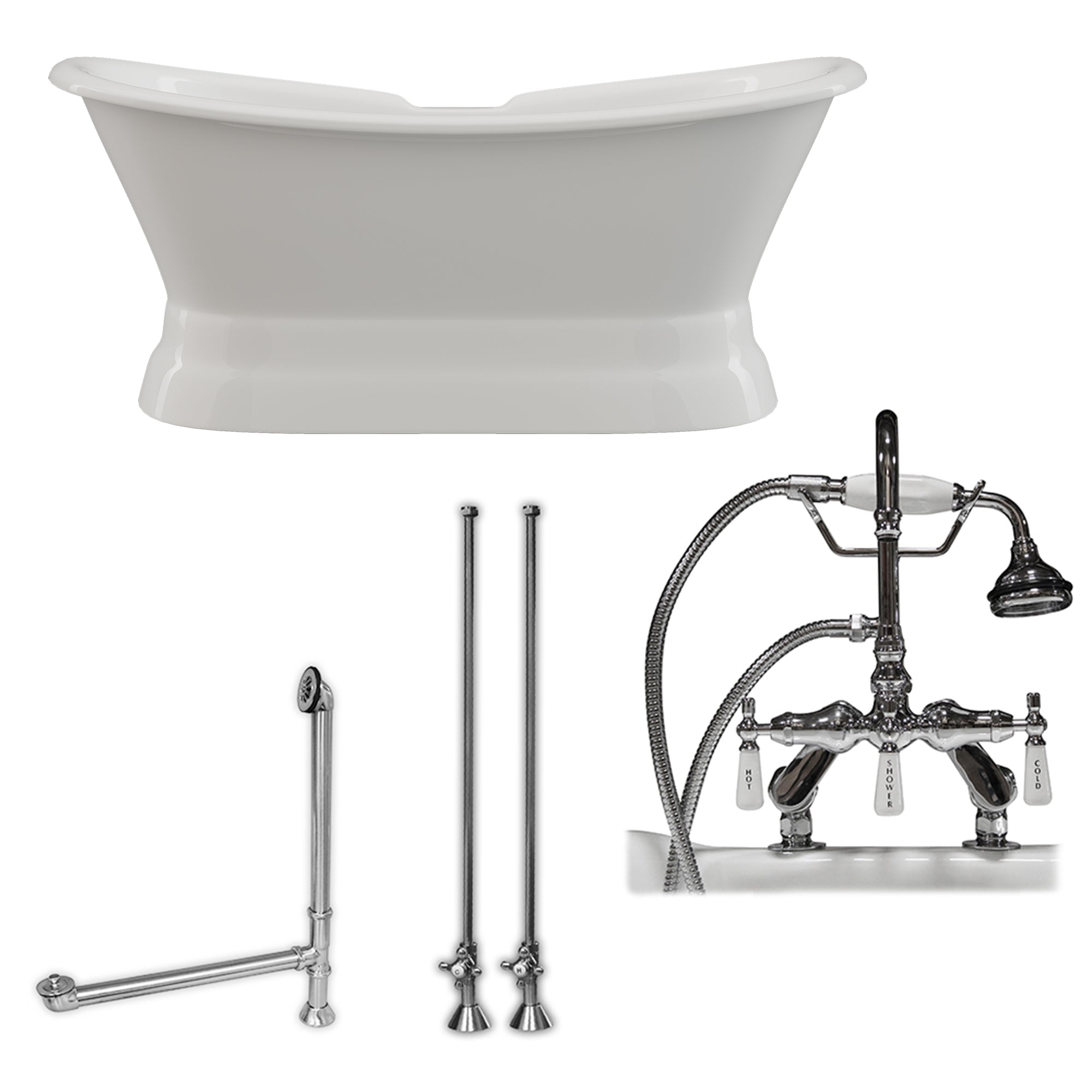 Cambridge Plumbing Double Slipper Cast Iron Pedestal Soaking Tub (Porcelain interior and white paint exterior) and Deck Mount Plumbing Package (Brushed nickel) DES-PED-684D-PKG-7DH - Vital Hydrotherapy