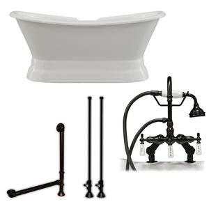 Cambridge Plumbing Double Slipper Cast Iron Pedestal Soaking Tub (Porcelain interior and white paint exterior) and Deck Mount Plumbing Package (Oil rubbed bronze) DES-PED-684D-PKG-7DH - Vital Hydrotherapy