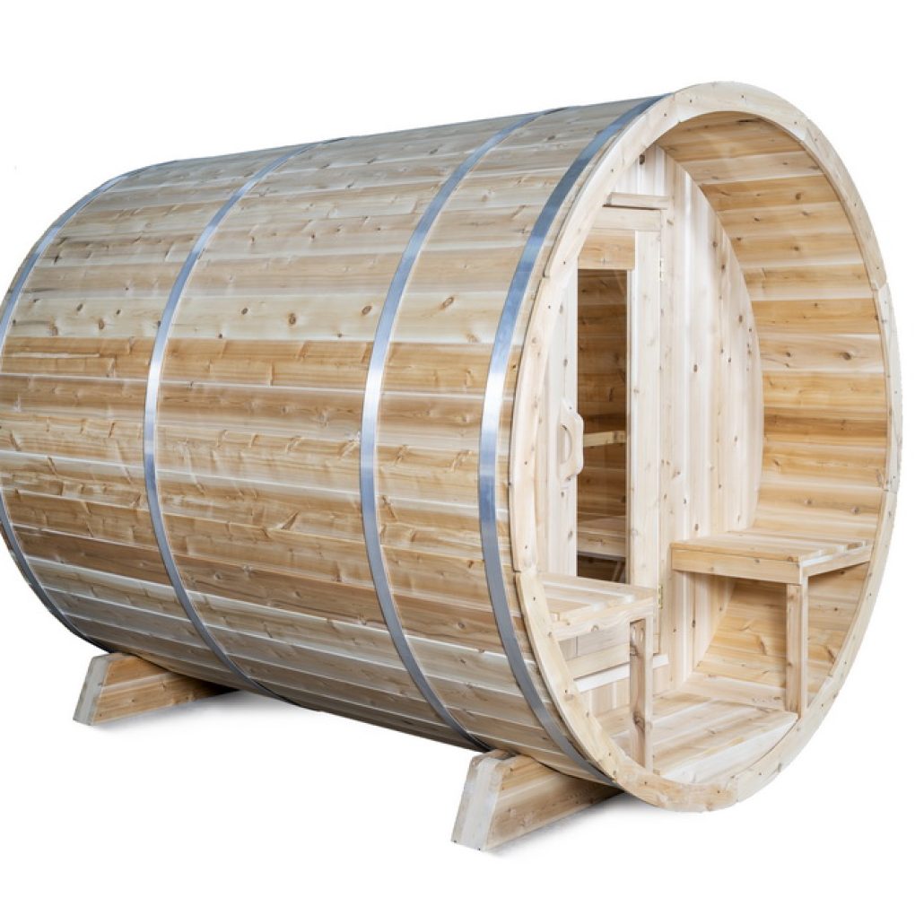 Dundalk Canadian Timber Serenity 2 to 4 person Eastern White Cedar Sauna CTC2245W - with bronze tempered glass with wooden frame - front porch - aluminum bands - sturdy bench - eastern white cedar - flat floor - Vital Hydrotherapy